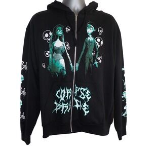 Corpse Bride Men's Tim Burton Graphic Full Zip Hoodie Black  L Sweatshirt Goth